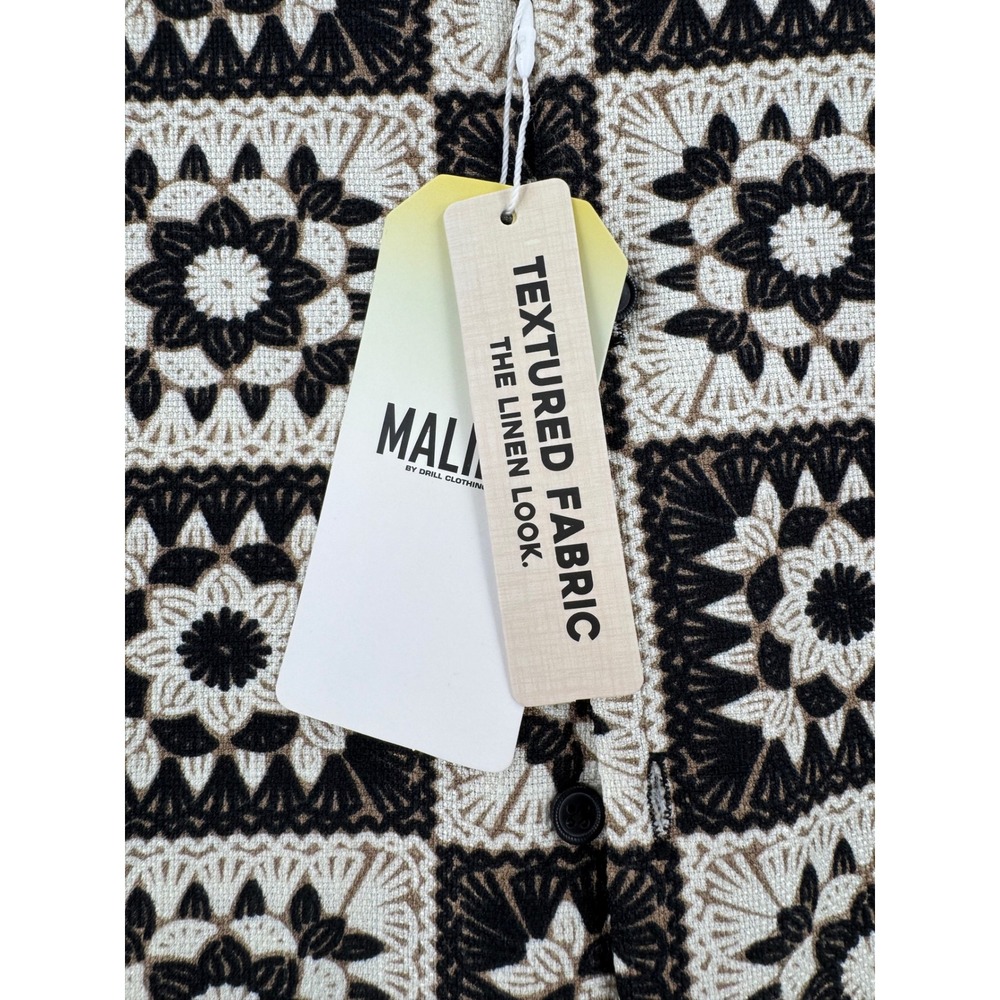 Malibu - Button Down Shirt Linen Look Geometric Tile - Black/Natural - L - Mens - Picture 4 of 10